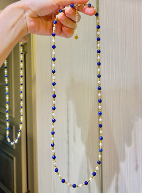 复古天然青金石人造水晶珍珠毛衣链项链