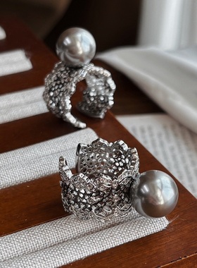 中古风复古蕾丝真多麻灰色施家珍珠戒指女小众时尚百搭款