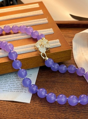 颗颗打结紫色翡翠色紫罗兰石英岩玉项链女