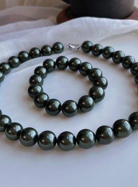 14mm大溪地黑色人造珍珠项链手链套装简约时尚百搭韩版