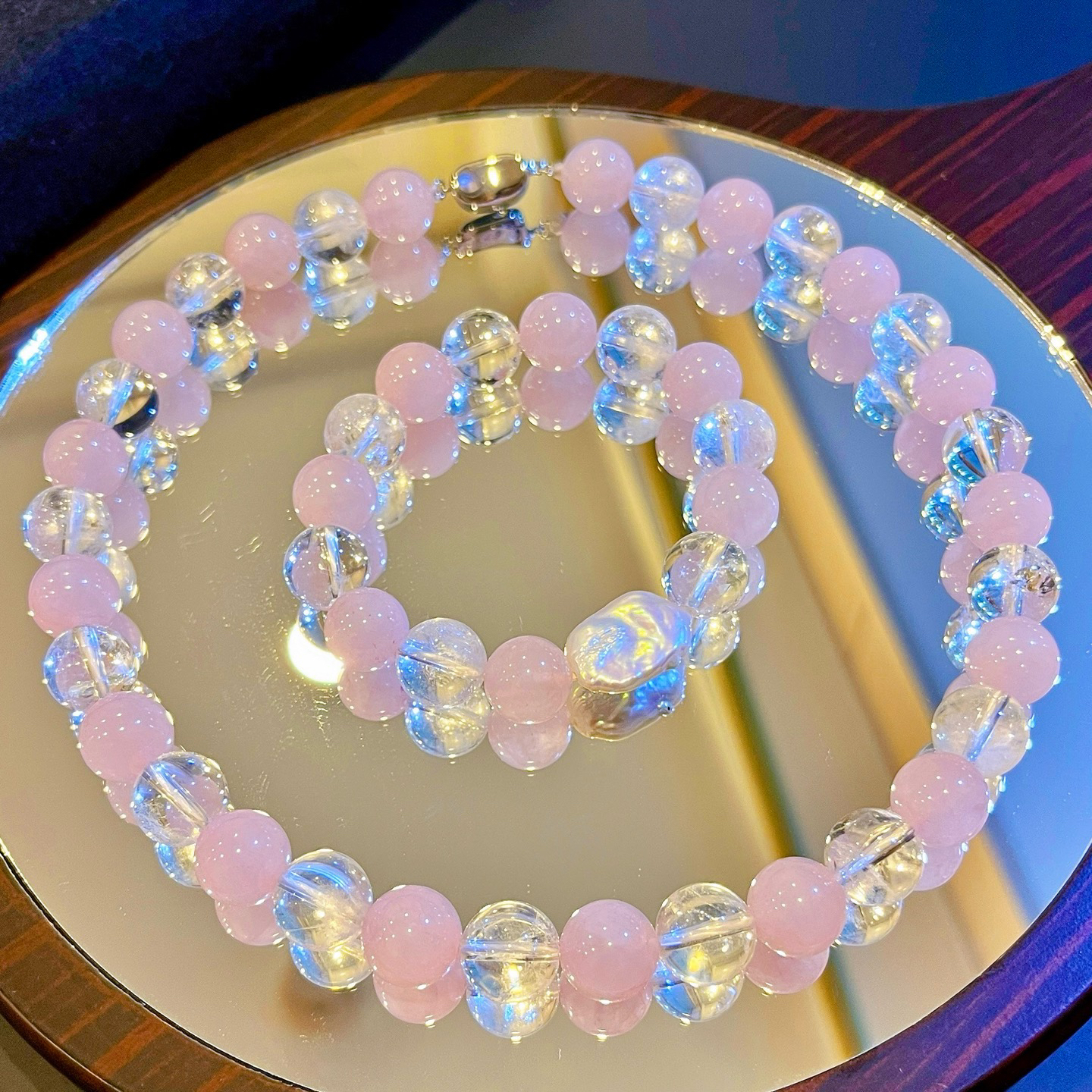 12mm大颗粒粉晶(炒粉蜡)天然白水晶设计感手链项链套装