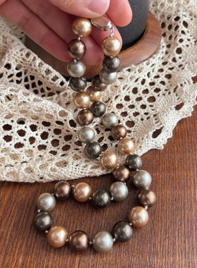 45厘米左右12mm轻金咖深咖灰咖绿咖颗颗打结美拉德人造珍珠项链
