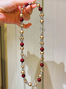 秋冬美拉德安可拉红金棕色施家珍珠缠绕双层项链锁骨链