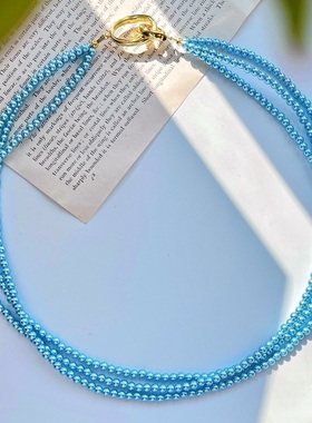 国风复古多层设计感人造水晶珍珠蓝色妖姬锁骨链项链