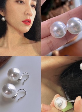 925银16mm冷光澳白色施家高跟鞋珍珠耳环简约时尚百搭气质韩版