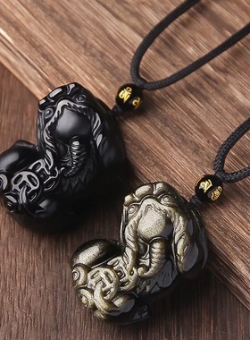 天然黑曜石霸王貔貅吊坠水晶皮丘挂件钥匙扣玉石项链男女挂坠饰品