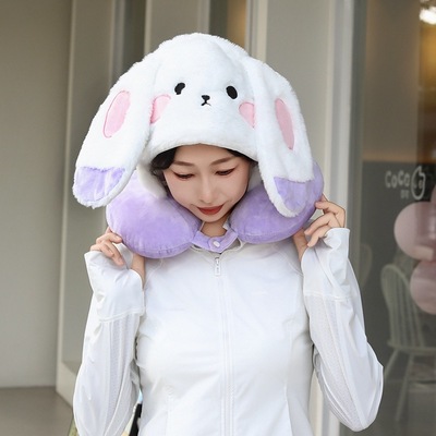 U型枕旅行枕卡通日系哈咯kt小熊连帽护颈枕猪头套帽子飞机枕