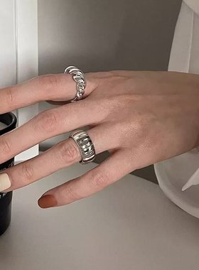 韩国ins风S925纯银创意牛角包戒指女几何齿轮重工时髦感指环日常
