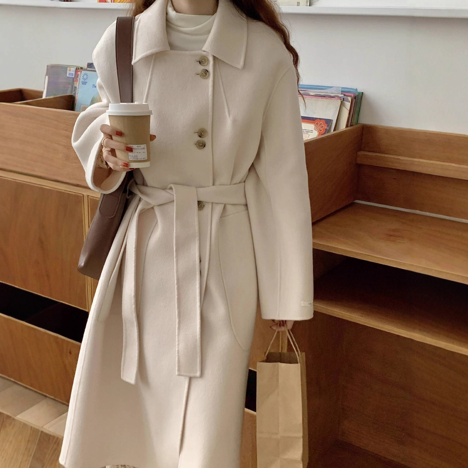 2025韩版80支18.5μm高级感甜美气质休闲羊绒大衣长款毛呢外套女