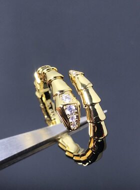 高版本CNC925银厚度18K金镶钻蛇形戒指活口满钻玛瑙贝母灵蛇指环