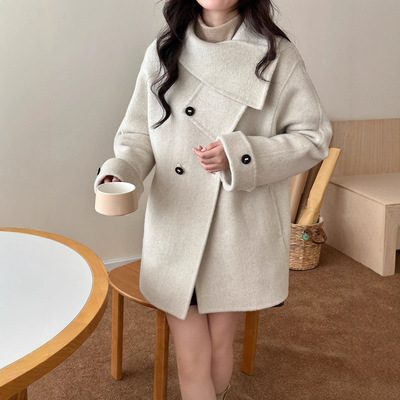 毛呢外套女小个子中长款燕麦色羊绒大衣秋冬季新款双面羊毛大衣女