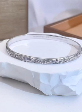 格家拉芙925银CNC菱格波浪手镯满钻光面交叉轻奢百搭简约时尚手饰