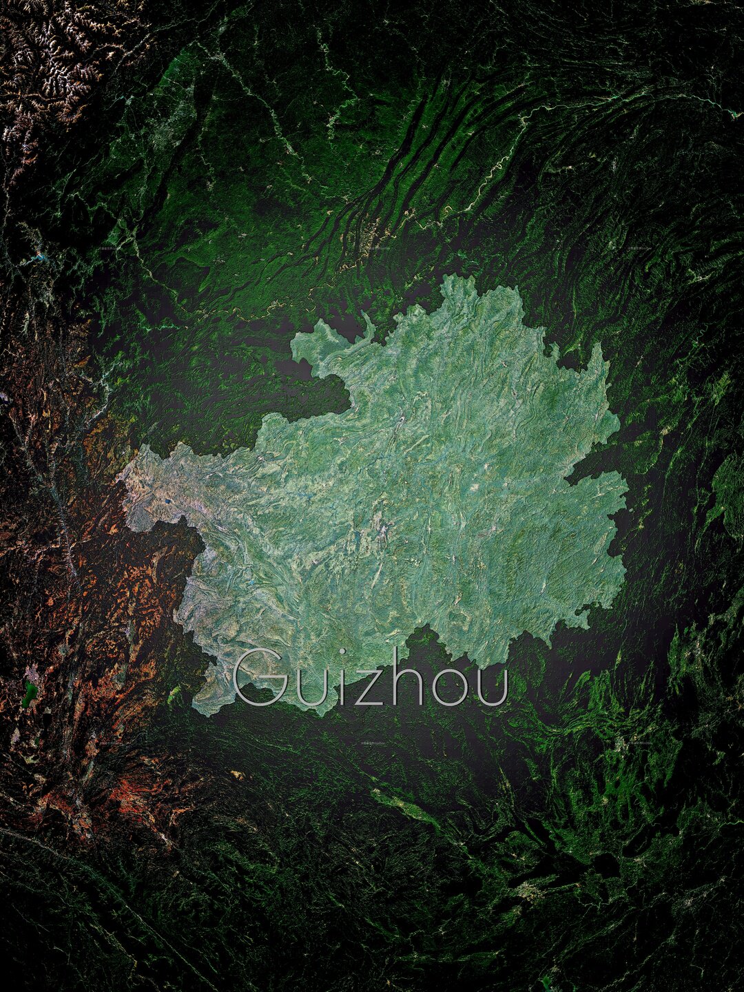 贵州主题卫星地形地图壁纸 高反差重彩暗氪金风格渲染