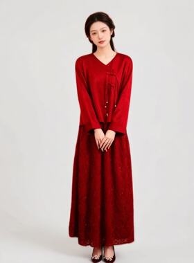 大码新中式国风孕妇新娘V领敬酒服红色半裙套装胖mm遮肚订婚礼服