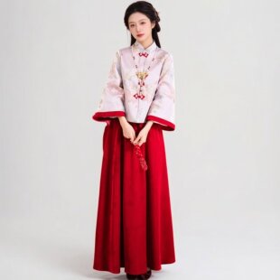 大码新中式孕妇新娘旗袍敬酒服红色半身裙套装秋冬胖mm订婚礼服裙