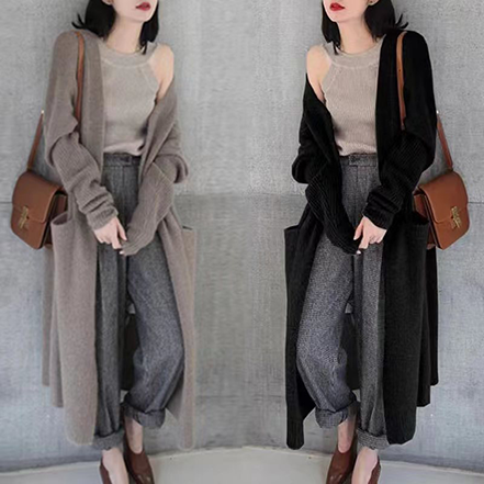 过膝宽松中长款显瘦女毛衣外套
