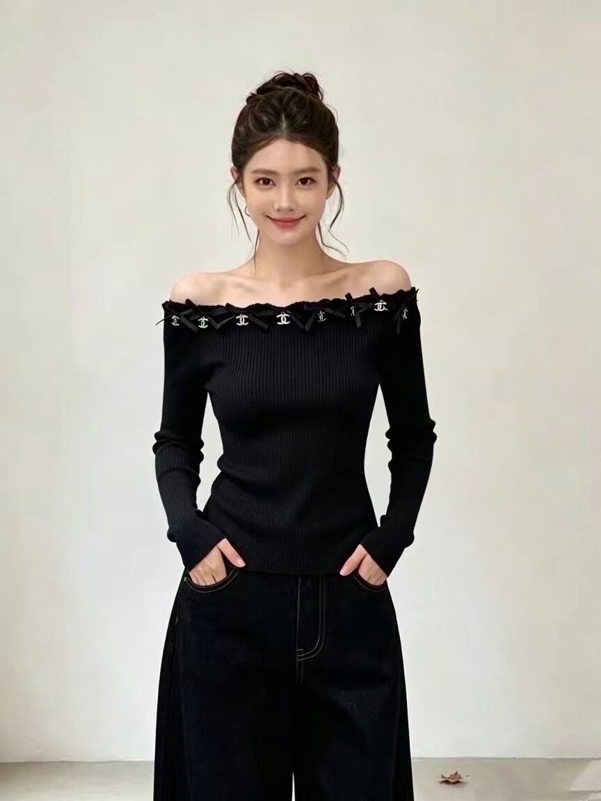 小香风网纱花朵针织衫女春季一字肩上衣高级感法式绝美打底衫内搭