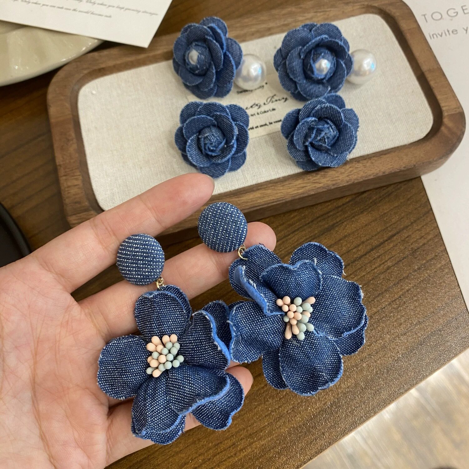 手工牛仔花朵轻奢小众925银耳钉