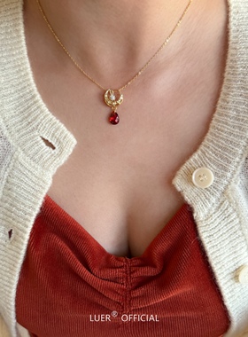 红色水滴 法式轻奢 镶钻月亮通体S925纯银锁骨链精致气质项链独特
