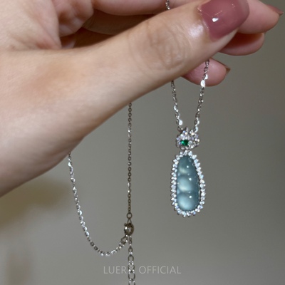 #四季福豆#新中式!天然危料蓝水翡翠!通体纯银轻奢镶钻项链精致女