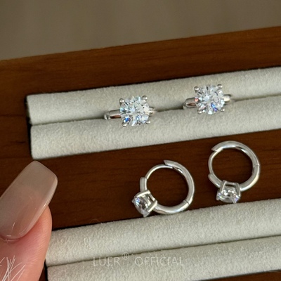 精工!爆闪高碳钻!通体纯银轻奢单钻耳扣简约气质经典裸钻耳环百搭