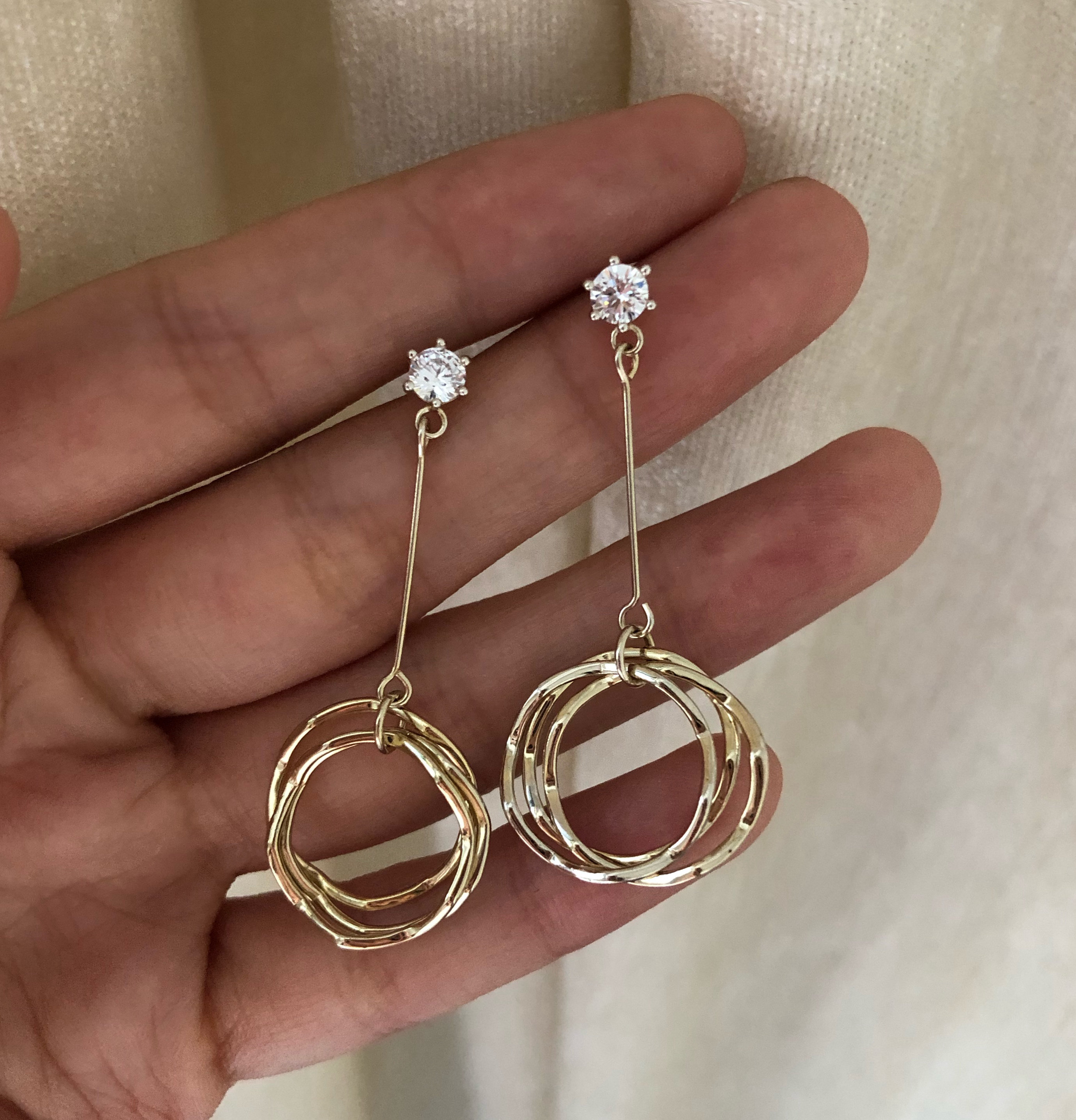 法式质感几何圆圈长款吊坠耳钉通体S925纯银材质！非廉价合金银针