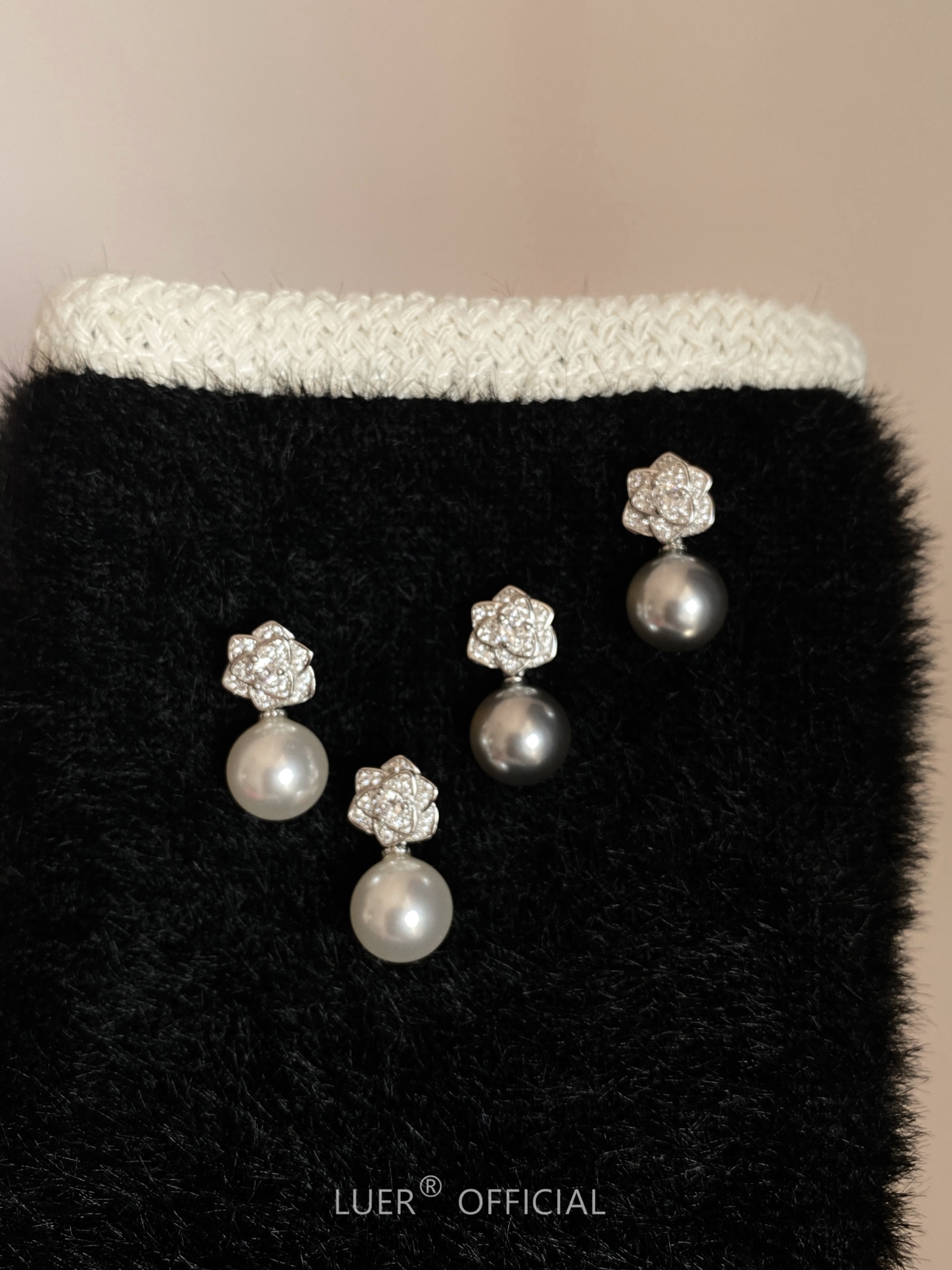 山茶花银耳钉Luer珍珠