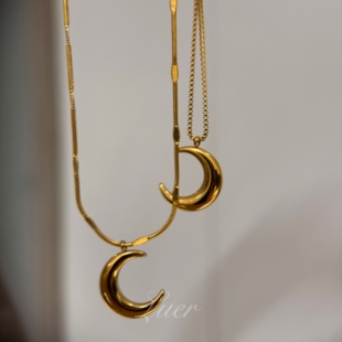 大版光面月亮!法式时髦重工加粗蛇骨链盒子链高级感轻奢叠戴项链