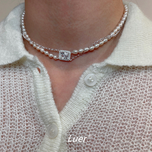 原创！重工约14G 大版镶钻方块双层银链天然小米珍珠通体纯银项链