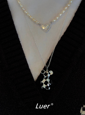 上新8折 少量现货~重工 chic黑白棋盘格小熊通体纯银项链小众银饰