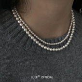 纯银元 宝扣版 进口施家强光正圆双层澳白珍珠叠戴fever毛衣链项链