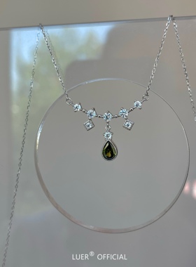 qiao美!橄榄绿水滴!超闪高碳钻!精工版通体纯银法式轻奢质感项链