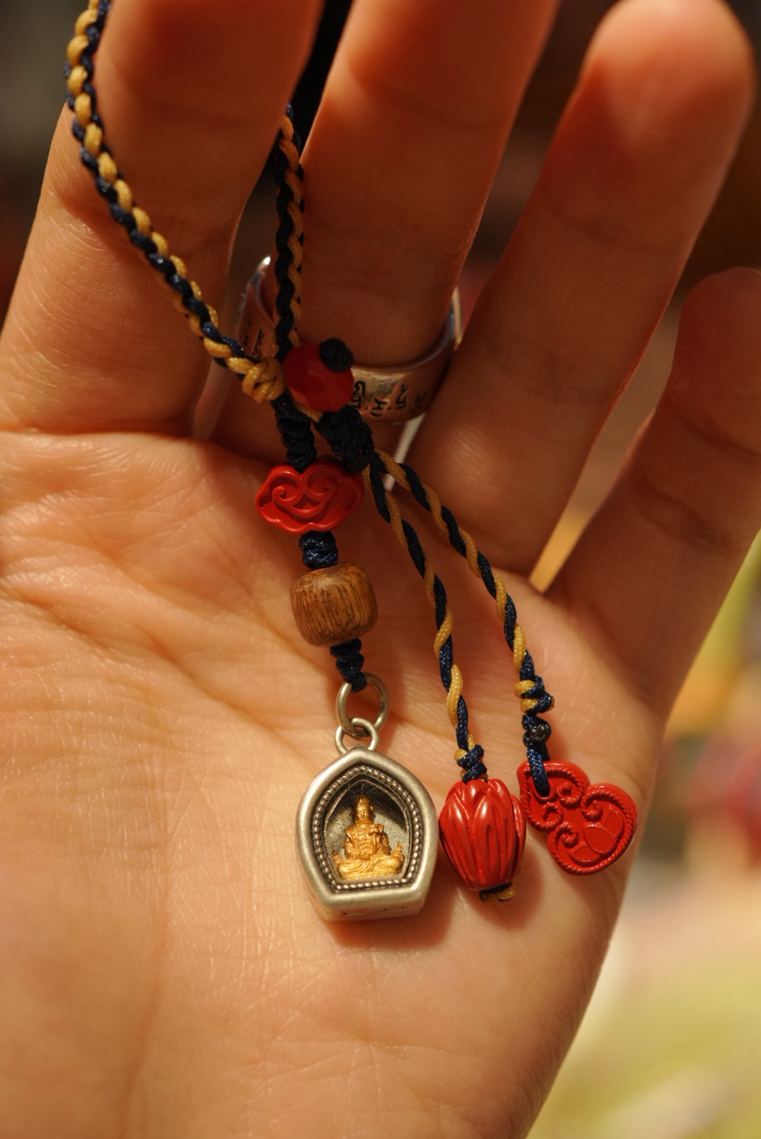 普陀山手机挂925银镀金嘠乌盒朱砂吊坠