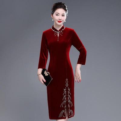 新款喜婆婚宴装金丝绒连衣裙