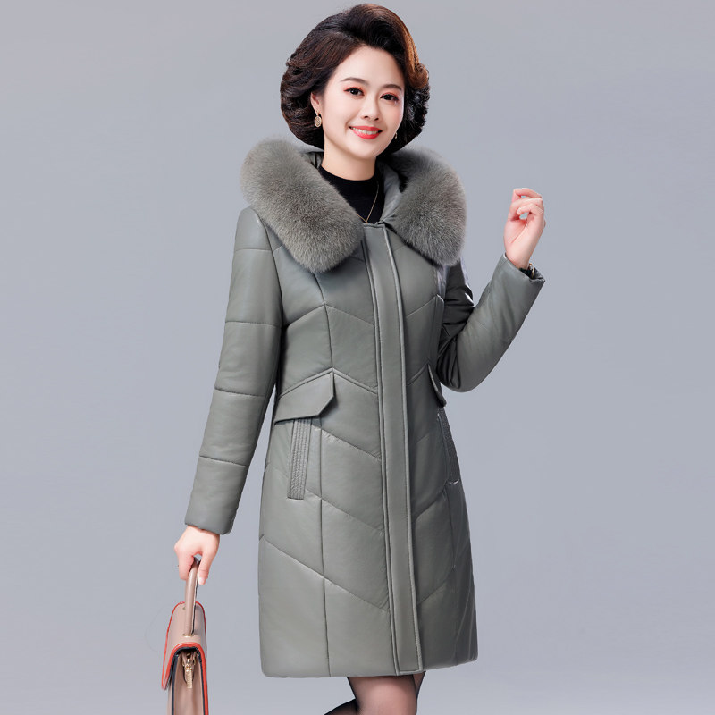 妈妈皮羽绒服皮衣外套女中长款修身加绒加厚冬装大毛领绵羊皮棉衣