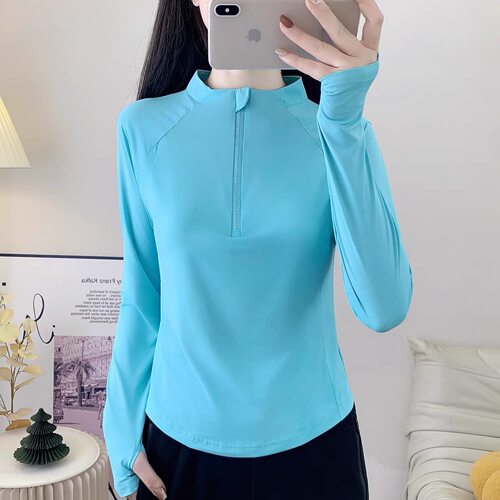 春夏防晒速干衣女弹力凉感冰丝立领长袖t恤户外运动健身跑步上衣