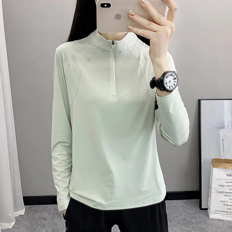 防晒速干衣女凉感冰丝透气孔立领长袖t恤春夏季休闲运动快干上衣