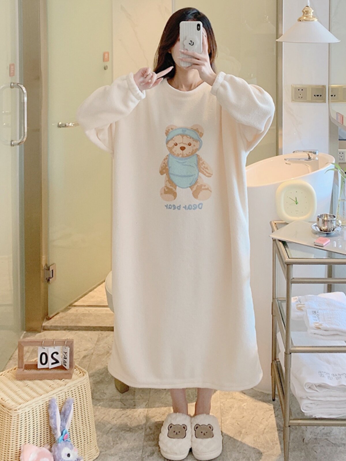 가을과 겨울 여성을위한 한국식 긴팔 잠옷 두꺼운 벨벳 산호 벨벳 잠옷 귀여운 소녀 플란넬 가정 옷