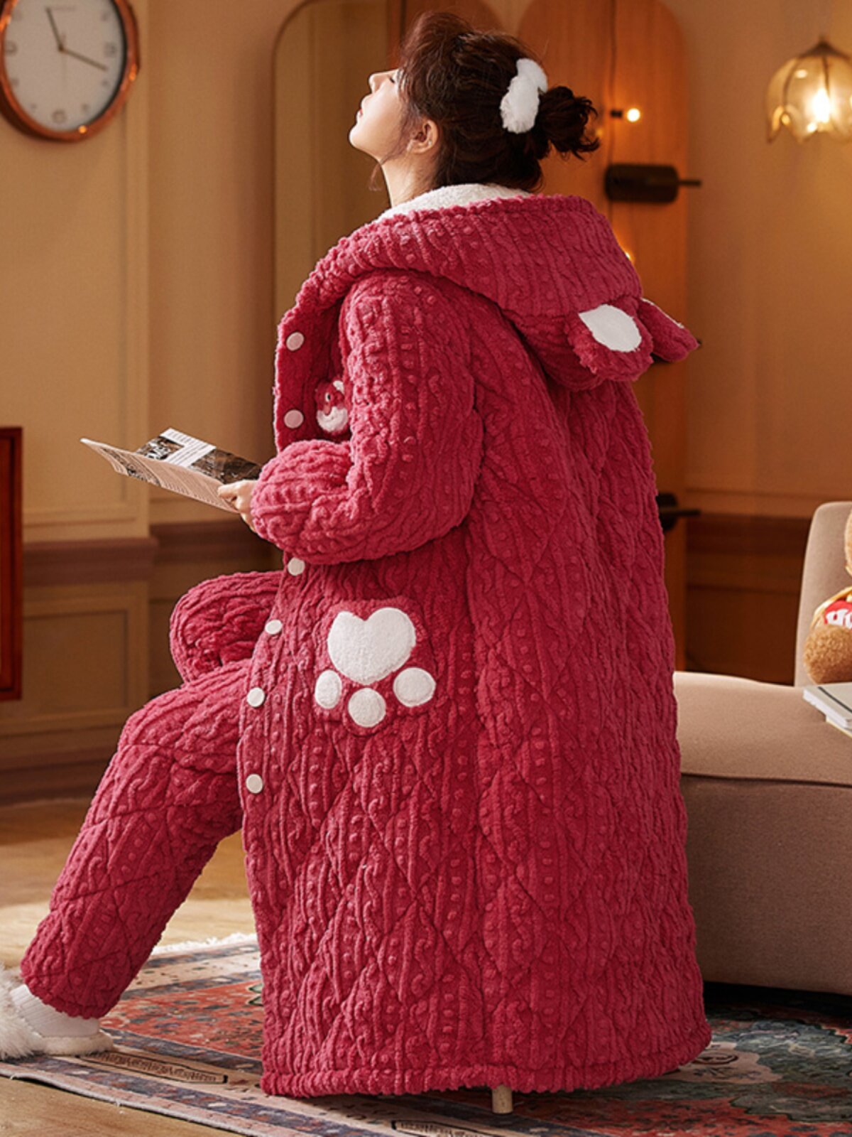 CORAL VELVET PAJAMAS WOMENS WINTER VELVET THICKENED THREE-LAYER PADDED PADDED DRESSING GOWNS WINTER CUTE HOODED FLANNEL LOUNGEWEAR