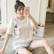 Bộ đồ ngủ nữ mùa hè cotton mỏng tay ngắn Hàn Quốc Sinh viên tươi hai mảnh Set dịch vụ mùa hè ngọt ngào và đáng yêu - Bộ Pajama