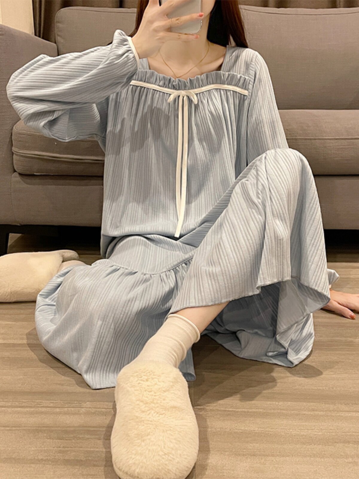 여성용 잠옷 봄 가을 겨울 순면 달콤하고 부드러운 헐렁한 긴 임산부 복장 잠옷 여성용 홈웨어