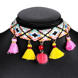 夕瑶饰品民族风编织流苏项链女复古彩色珠饰吊坠百搭颈饰颈链短链
