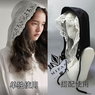 小众薄款 防晒假帽子 饰连领帽女休闲夏季 棉布刺绣蕾丝披肩帽叠穿装