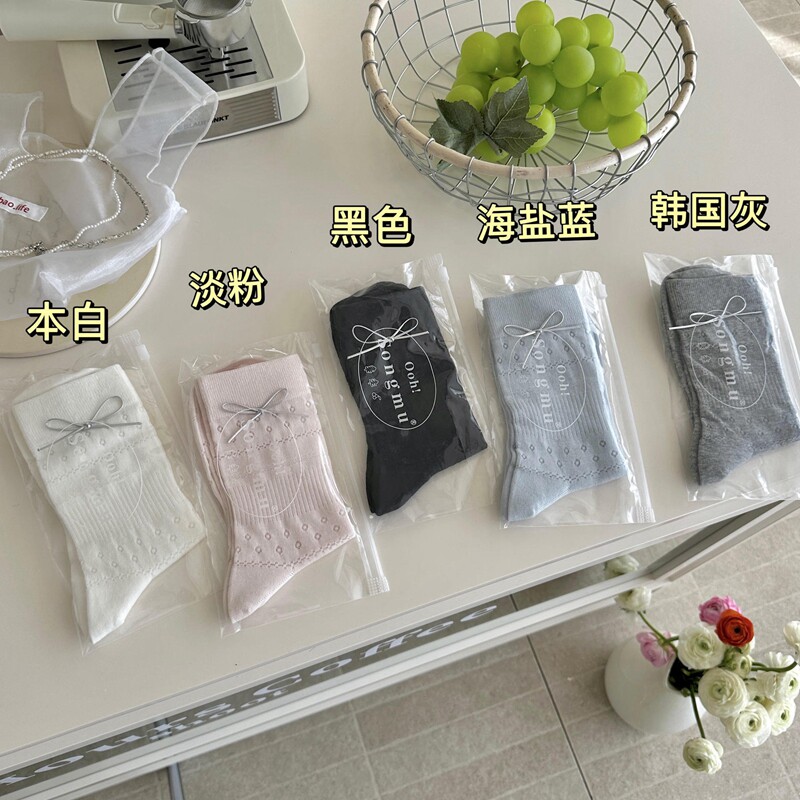 吸汗百搭纯色蝴蝶结网眼透气棉袜
