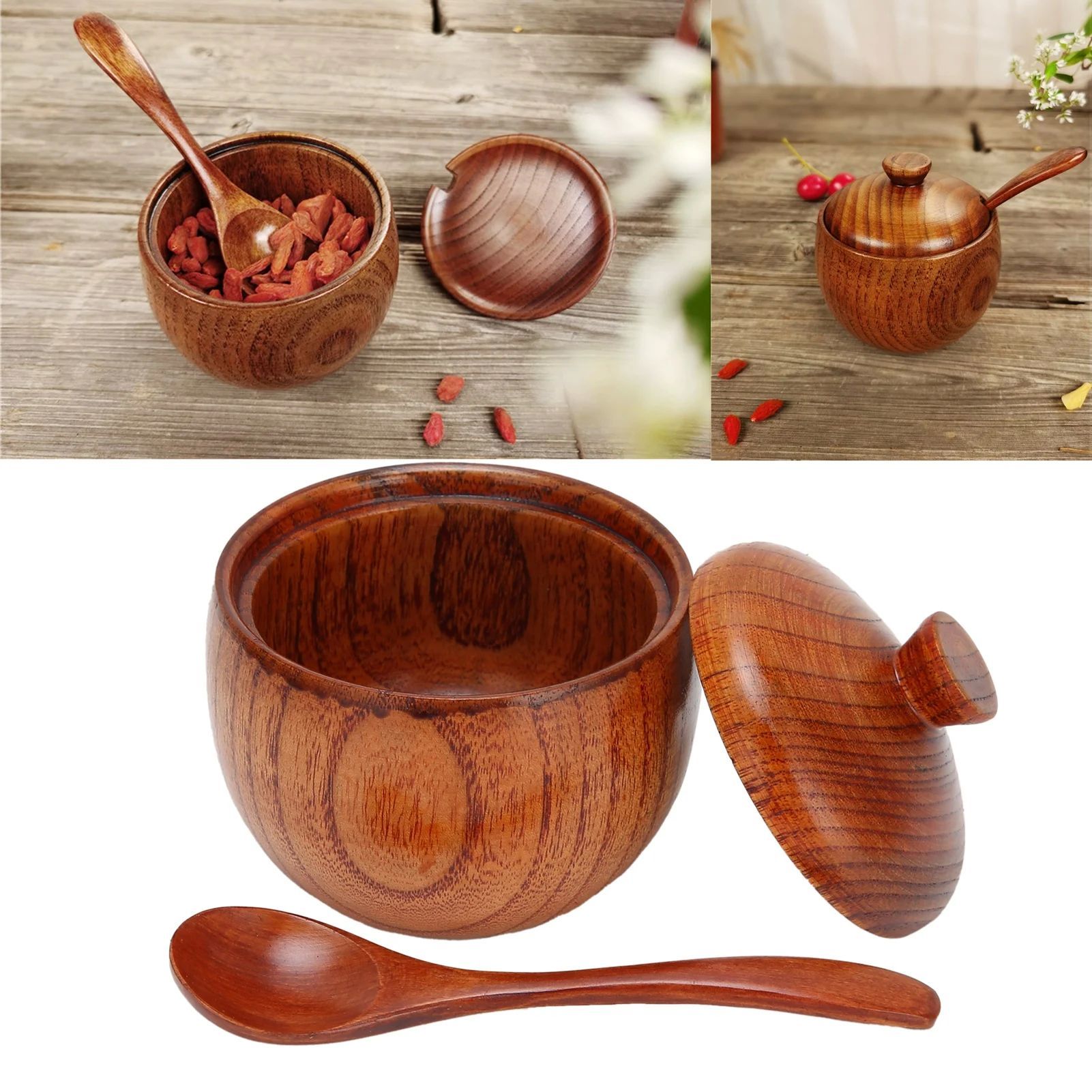Wood Spice Jar Sugar Bowl Salt Pepper Seasoning Box with Spo
