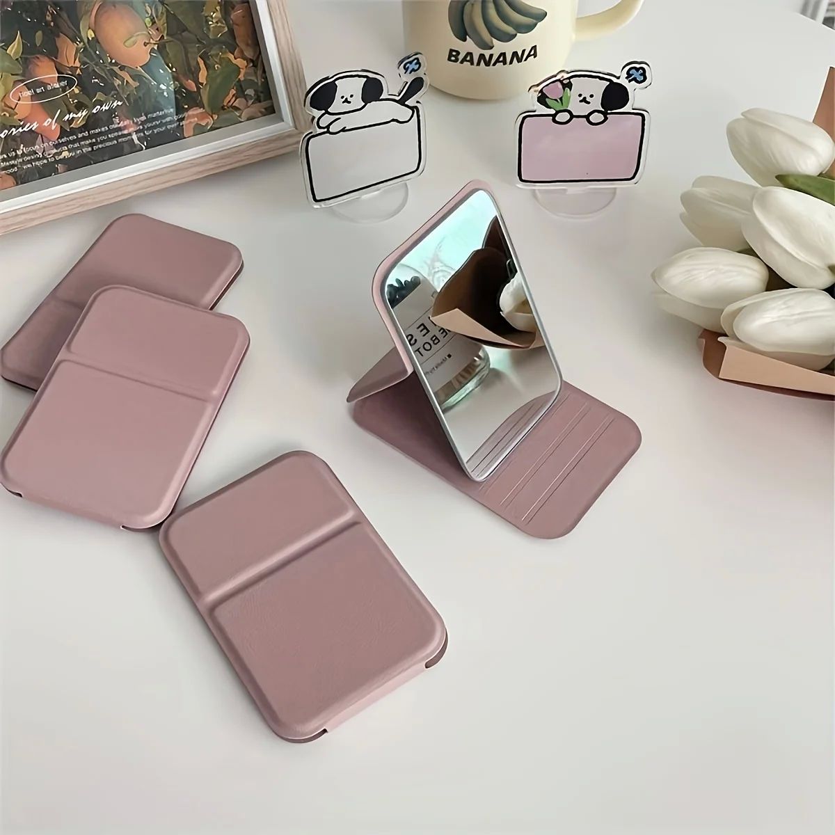 1pc Elegant Folding Mini Makeup Mirror with PU Stand, Portab
