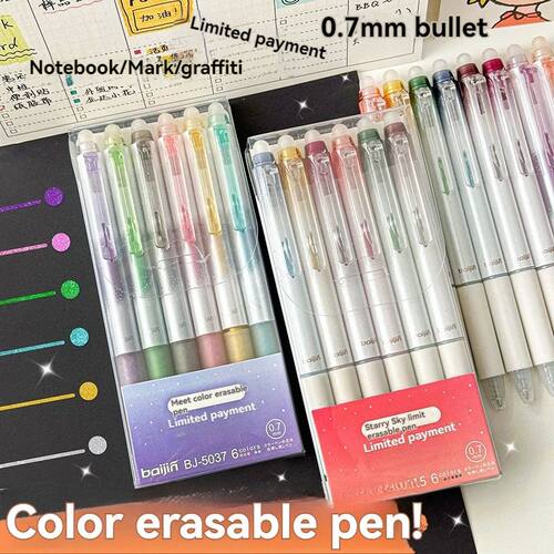Glitter Gel Pens, 6 Colors Glitter Erasable Pens 0.7MM Fine