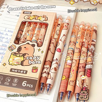 Capybara Erasable Pens 6pcs Refillable Ink Gel Pen Smudge-Fr
