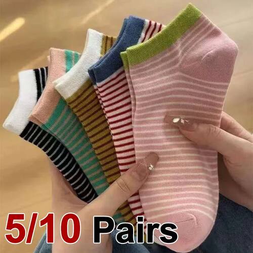 5/10 Pairs Women Striped Short Socks Summer Lightweight Brea