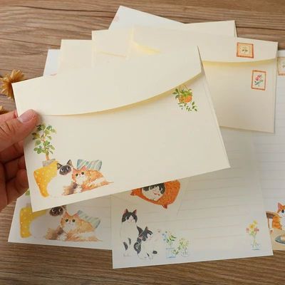 9pcs/set Cartoon Cats Envelopes with Letter Pads Cute Letter